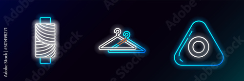 Set line Sewing chalk, thread on spool and Hanger wardrobe icon. Glowing neon. Vector