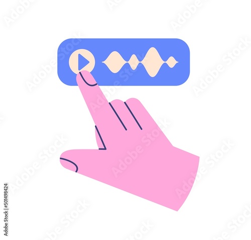 Hand and music player icon. Finger pressing, clicking triangle button for playing audio, podcast. Abstract multimedia app using. Flat graphic vector illustration isolated on white background