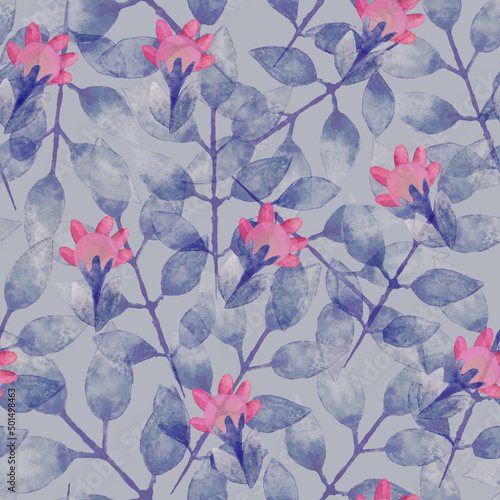 Seamless pattern. Background with floral ornament. Watercolor flowers. Raster illustration for design and decoration. For printing on fabric and paper. Pink flowers on a blue background. © E.Nolan