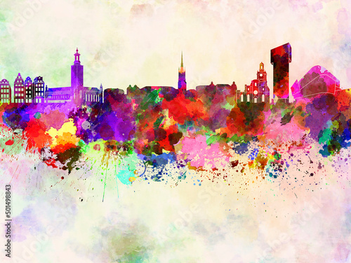Sticker Stockholm skyline in watercolor background