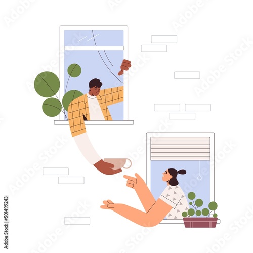 Neighbors help, support, food sharing concept. Good neighborhood, friendship. Man and woman neighbours friends in open windows of coliving dorm. Flat vector illustration isolated on white background