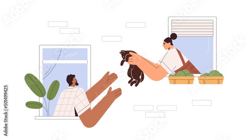 Neighbor, pet sitter helping with animal. Woman giving lost, found kitty from window to man. Good relationship, friendship, neighborhood concept. Flat vector illustration isolated on white background