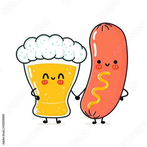 Cute, funny happy glass of beer and sausage with mustard. Vector hand drawn cartoon kawaii characters, illustration icon. Funny cartoon glass of beer and  sausage with mustard mascot character concept