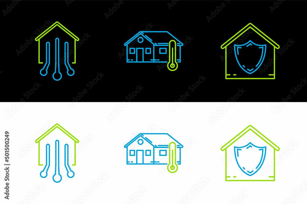 Set line House under protection, Smart home and temperature icon. Vector