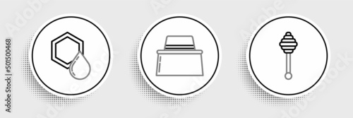 Set line Honey dipper stick, Honeycomb and Beekeeper with protect hat icon. Vector