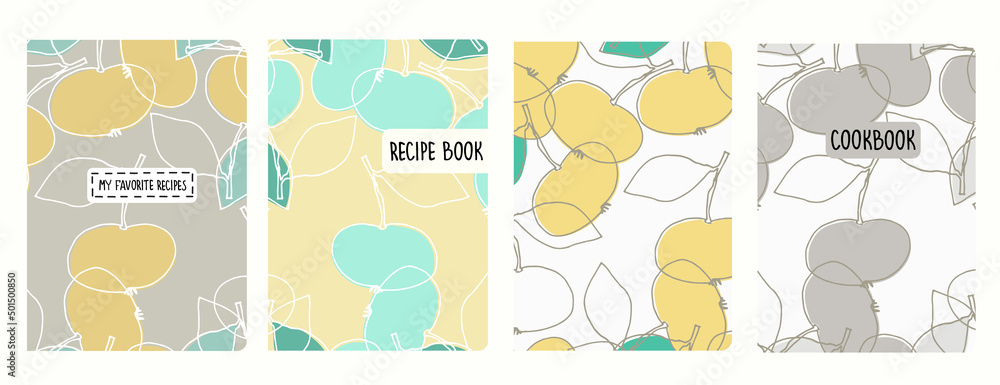 Cover page vector templates for recipe books based on seamless patterns with hand drawn apples. Cookery books cover layout. Healthy, vegan food concept. Trendy pine needle and mint green colors