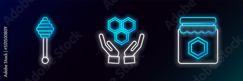 Set line Jar of honey, Honey dipper stick and Honeycomb and hands icon. Glowing neon. Vector