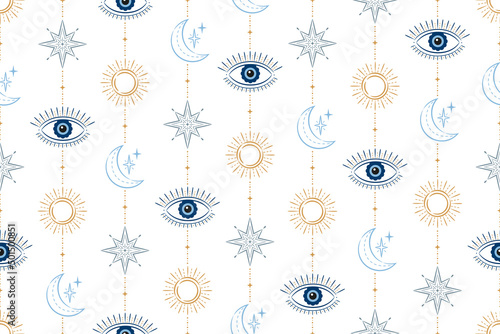 Evil Eye Celestial Seamless Vector Pattern with suns, moons, stars. For textiles, giftware, homeware. photo