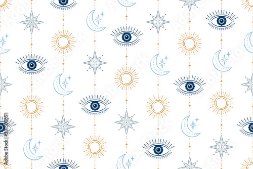 Evil Eye Celestial Seamless Vector Pattern with suns, moons, stars. For textiles, giftware, homeware.