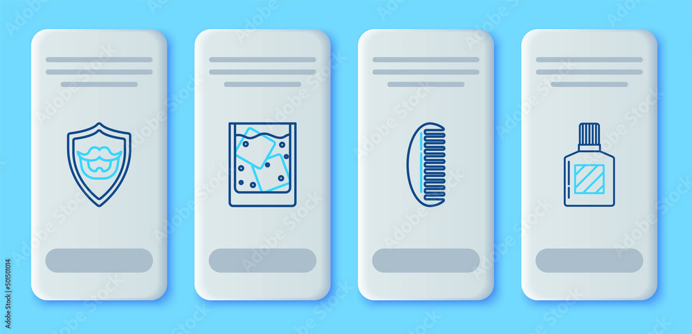 Set line Glass of whiskey and ice cubes, Hairbrush, Mustache beard on shield and Aftershave icon. Vector