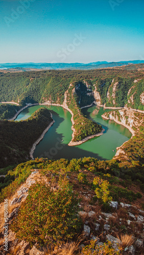 Vertical shot of the Uvac River. Serbia. photo