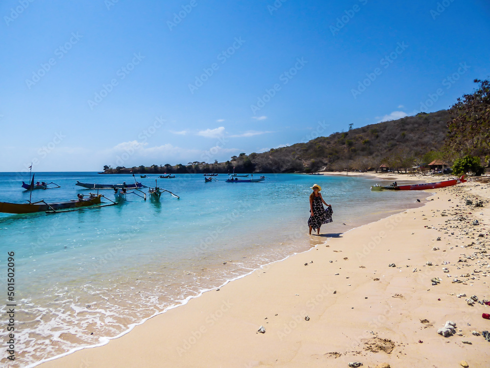A woman in maxi dress walking on the Pink Beach in Lombook, Indonesia. Beautiful beach. Bay full of boats. No other people. Beautiful colors of the sand and the water. Dried trees in the background. A woman in maxi dress walking on the Pink Beach in Lombook, Indonesia. Beautiful beach. Bay full of boats. No other people. Beautiful colors of the sand and the water. Dried trees in the background.
