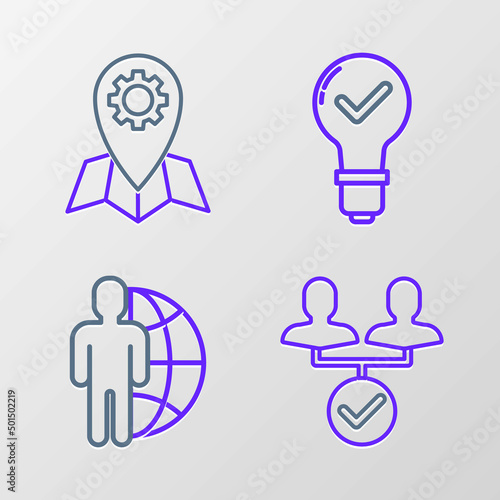 Set line Project team base, Globe and people, Light bulb check mark and Location job icon. Vector