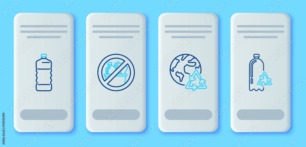 Set line No trash, Planet earth and recycling, Plastic bottle and Recycling plastic icon. Vector Set line No trash, Planet earth and recycling, Plastic bottle and Recycling plastic icon. Vector