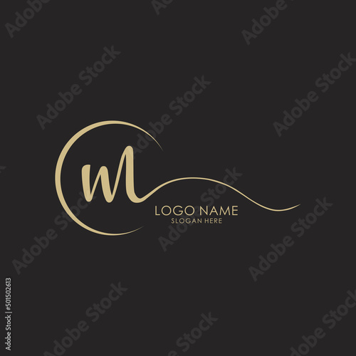 Letter M gold handwritten logo vector design template.