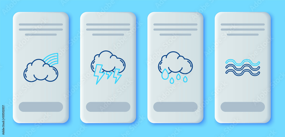 Set line Storm, Cloud with rain, Rainbow clouds and Waves icon. Vector