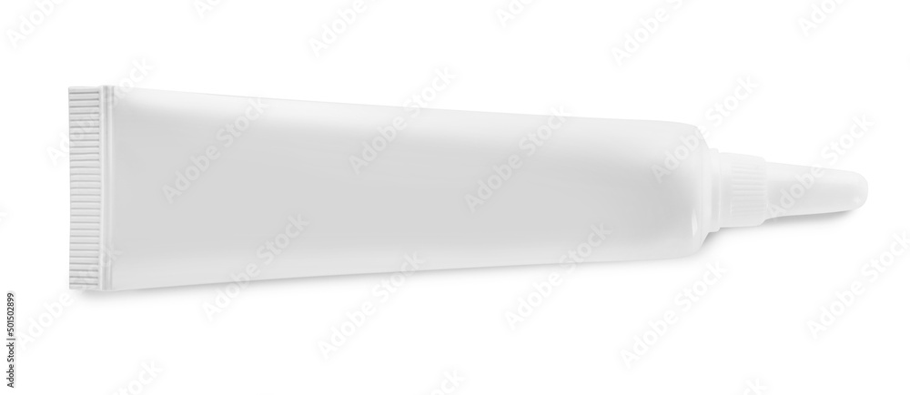 Blank tube of cosmetic product on white background, top view Blank tube of cosmetic product on white background, top view