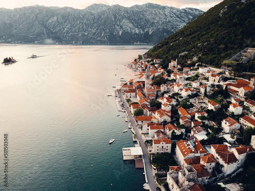 Cinematic old town Perast, Montenegro. Drone photography photo