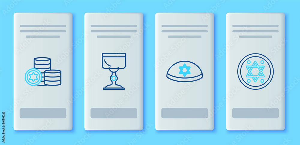 Set line Jewish goblet, kippah with star of david, coin and icon. Vector