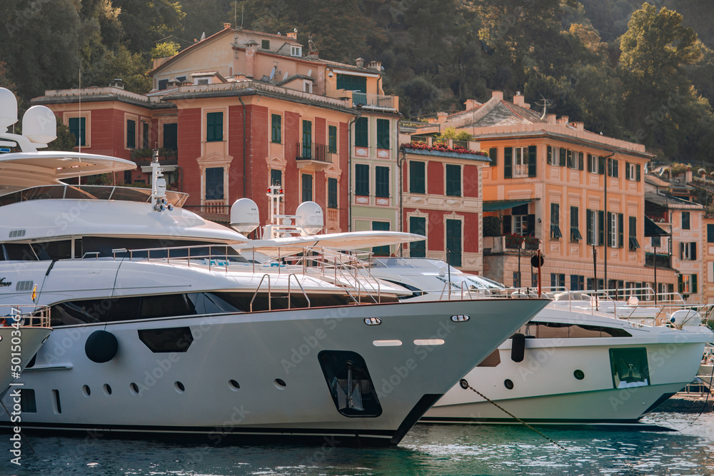 Naklejka premium Liguria, Italy, Europe. Luxury yachts and boats in The beautiful Portofino with colorful houses and villas, in little bay harbor.
