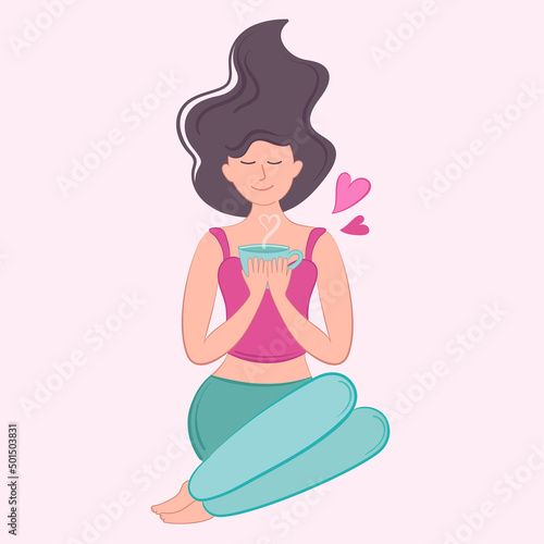 Vector illustration girl self love with cup of tea