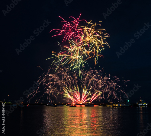 Closeup of fireworks over the Barbican Harbour at Plymouth at the 2017 British Firework Championship photo