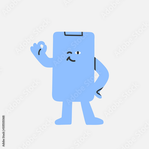 Confident phone character OK gesture. Smartphone person with emotional face. Mobile repair service concept. Blue mascot for branding, banner or ad. Isolated vector