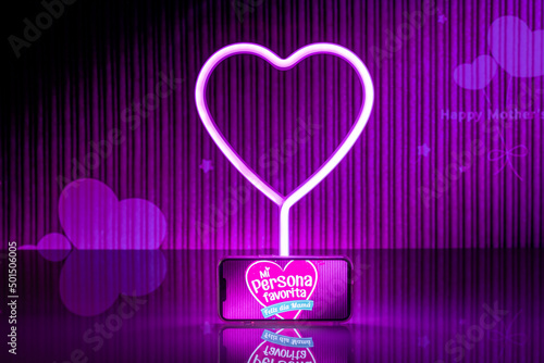 Mother's Day, illuminated heart with fuchsia tony and cellphone with written wishes mom, mom I love you, mom you are unique, special person. Similar neon Light