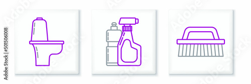 Set line Brush for cleaning, Toilet bowl and Plastic bottles liquid dishwashing liquid icon. Vector