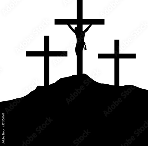 Silhouette of the crucifixion of Jesus Christ on a white background