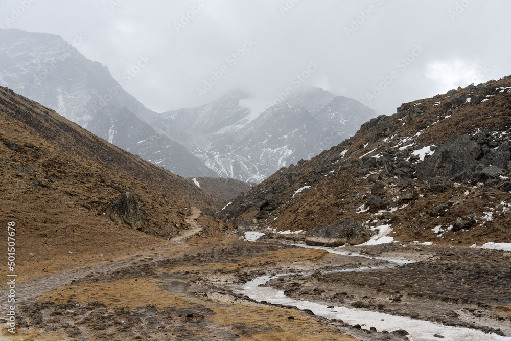 Barren Valley with Snowy Mountains in Background
