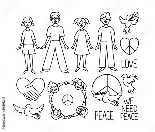 set of doodle drawings of the International Day of Peace. Friendly people holding hands , group of positive people, pigeon, contoured hand drawn men, women, children, friends, peaceful association