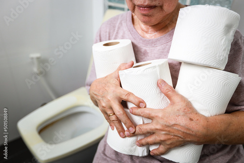 Fotografie, Obraz Senior woman carrying holding a lot of toilet paper in bathroom,many rolls of to