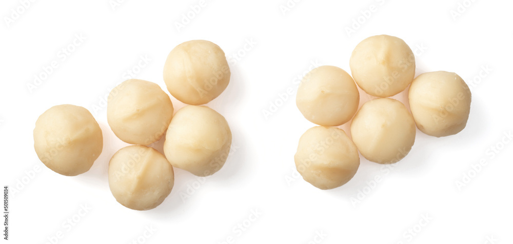 Shelled Macadamia nuts isolated on white background, top view. Shelled Macadamia nuts isolated on white background, top view.