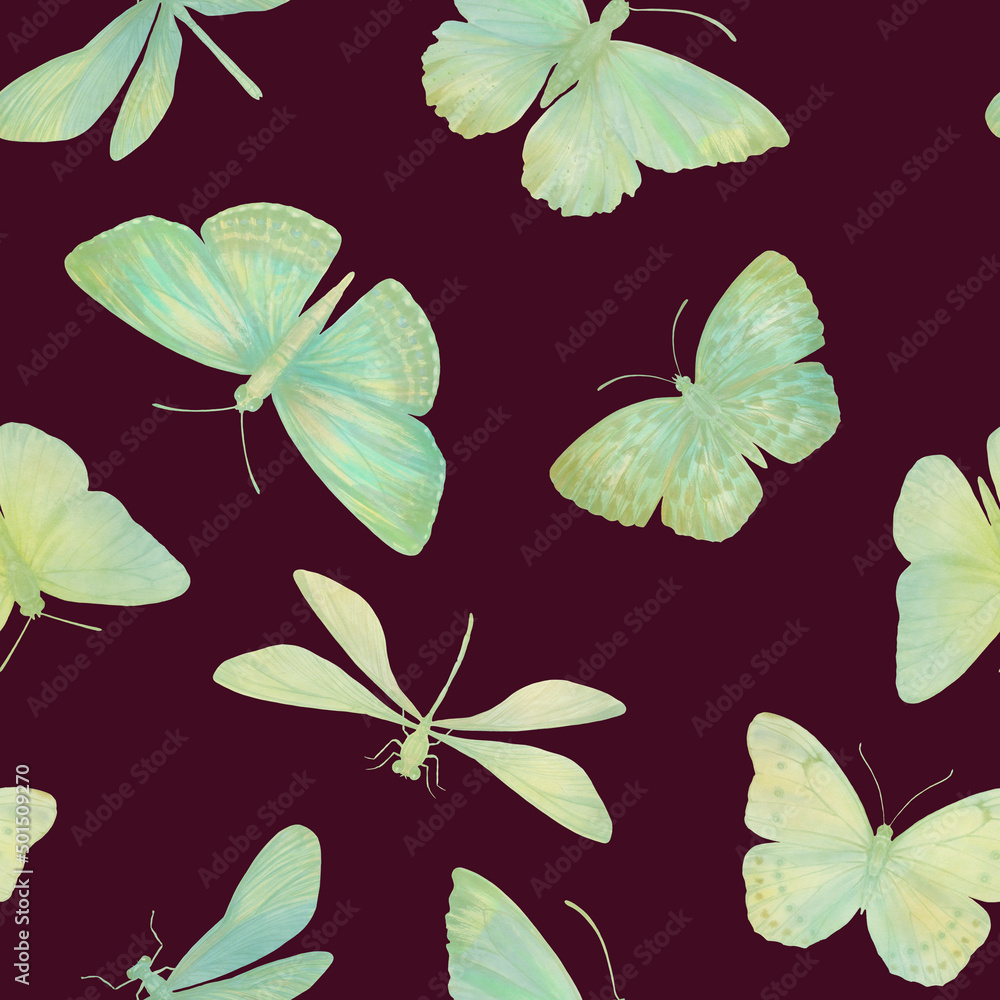 Delicate watercolor butterflies for design. Seamless botanical pattern. Abstract pattern of butterflies on colored paper for print, textile, wallpaper, scrapbooking