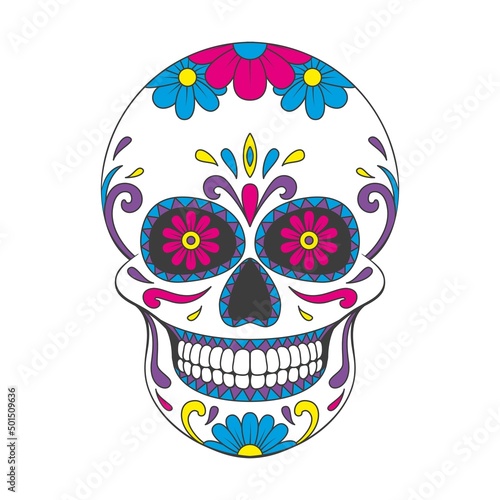 Day of The Dead sugar Skull with floral ornament. Mexican skull. Vector illustration isolated on white background