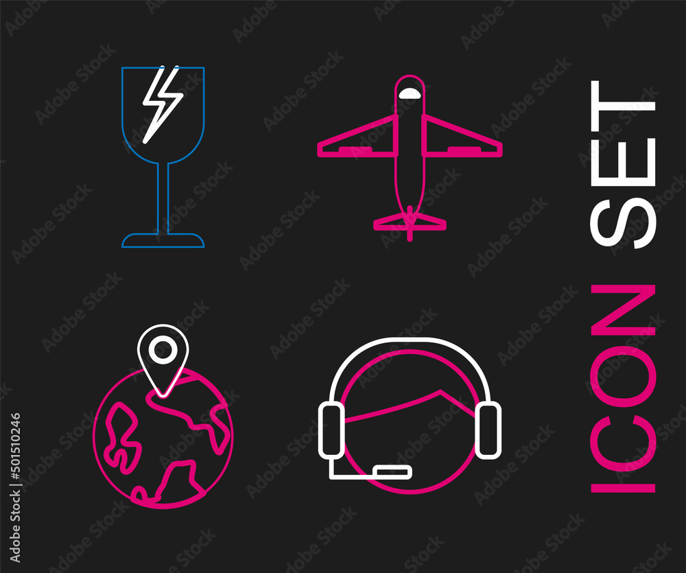 Set line Support operator in touch, Worldwide, Plane and Fragile broken glass symbol icon. Vector Set line Support operator in touch, Worldwide, Plane and Fragile broken glass symbol icon. Vector
