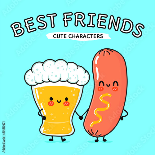 Cute, funny happy glass of beer and sausage with mustard. Vector hand drawn cartoon kawaii characters, illustration icon. Funny cartoon glass of beer and  sausage with mustard mascot character concept