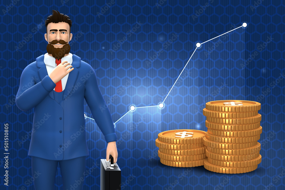 3d rendering Businessman standing beside the yellow coin and shadow growth up graph be hide them. Digital currency financial concept. 3d rendering Businessman standing beside the yellow coin and shadow growth up graph be hide them. Digital currency financial concept.