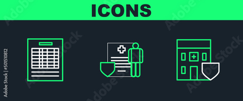 Set line Medical hospital building with shield, Report file document and clipboard clinical record icon. Vector