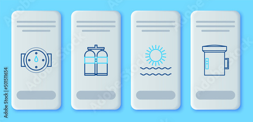 Set line Aqualung, Sun and waves, Wind rose and Big flashlight for diver icon. Vector