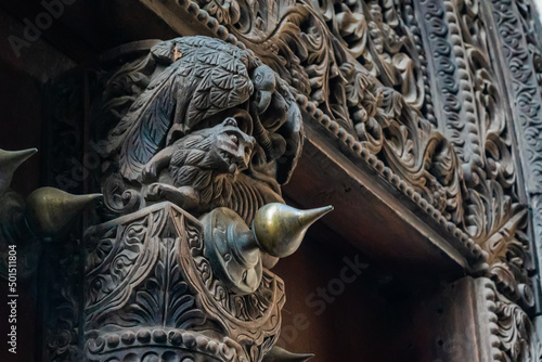Close up of elements on antique Indian style Wooden Door in Stone Town, Zanzibar, Tanzania