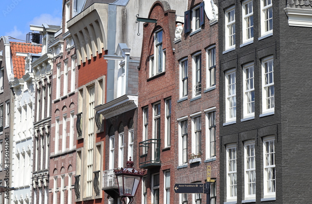 Amsterdam Leliegracht Canal Traditional Brick House Facades Close Up, Netherlands