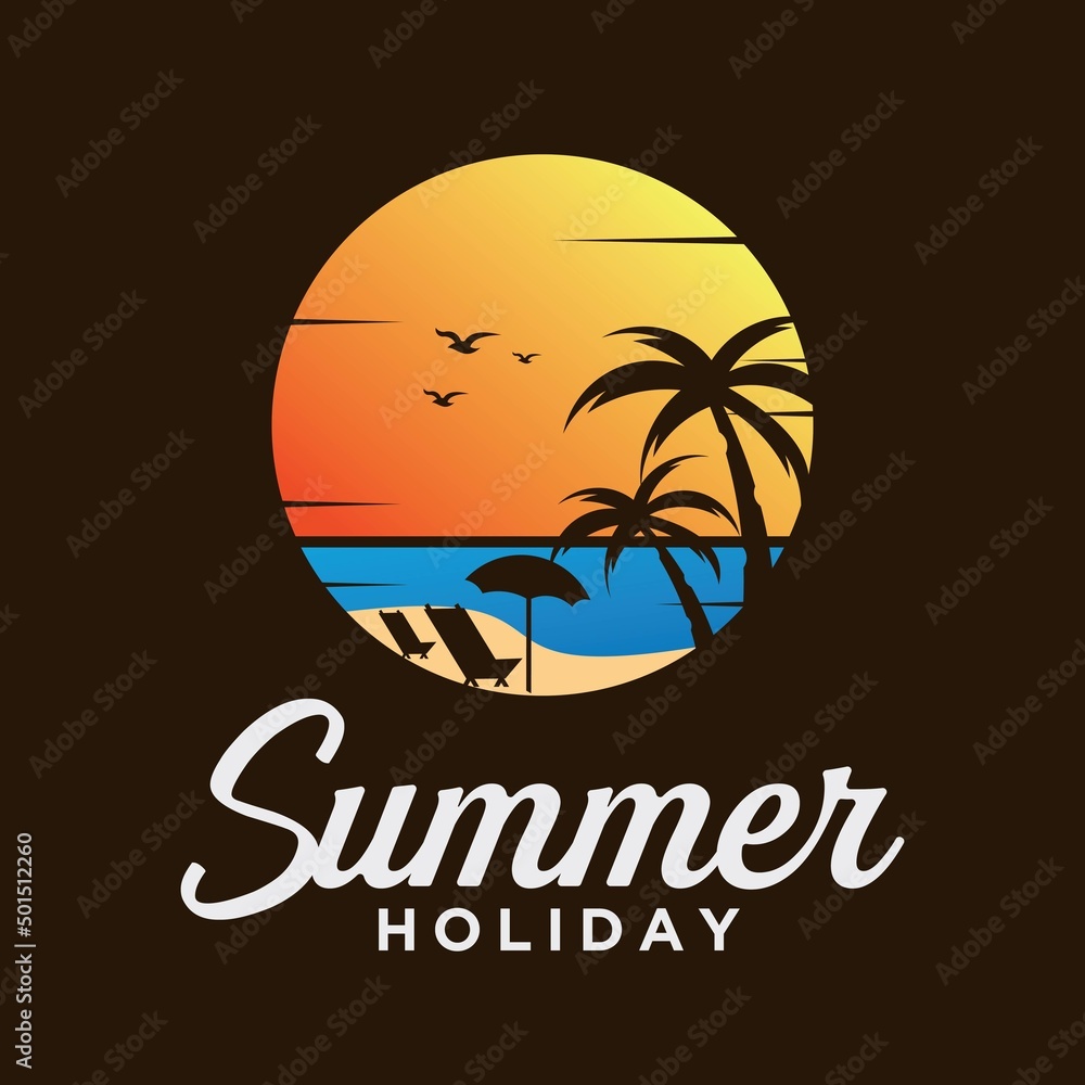 Vector illustration of summer vacation on the beach logo family vacation on the beach logo surfing
