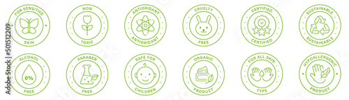 Organic Cosmetic Nature Product Line Green Stamp Set. Eco Friendly Bio Natural Cosmetic Outline Sticker. Healthy Hypoallergenic Product Label. Organic Certified Seal. Isolated Vector Illustration