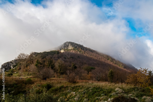 Hiking trail leading to the cloud covered peak of Monte Vico Alvono, Lattari Mountains, Apennines, Amalfi Coast, Italy, Europe. The meadow is covered by dense forest. Path to Colli di San Pietro