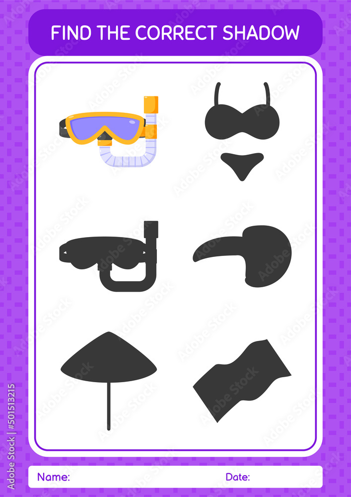 Find the correct shadows game with swimming goggles. worksheet for preschool kids, kids activity sheet