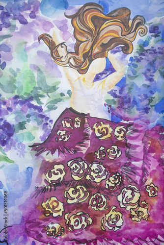 Dancing woman in long dresses with long flowing hair. Blooming lilac in springtime morning garden. Allegory figurative painting. Womanhood concept.