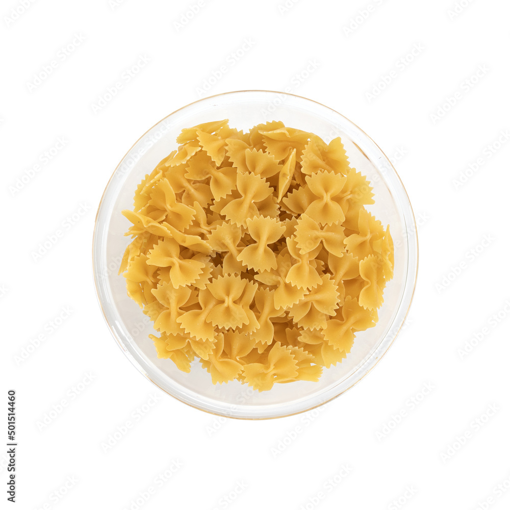bowl of farfalle pasta on white background, top view