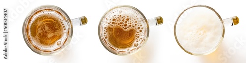 Three Light beer mugs, isolated on white, top view